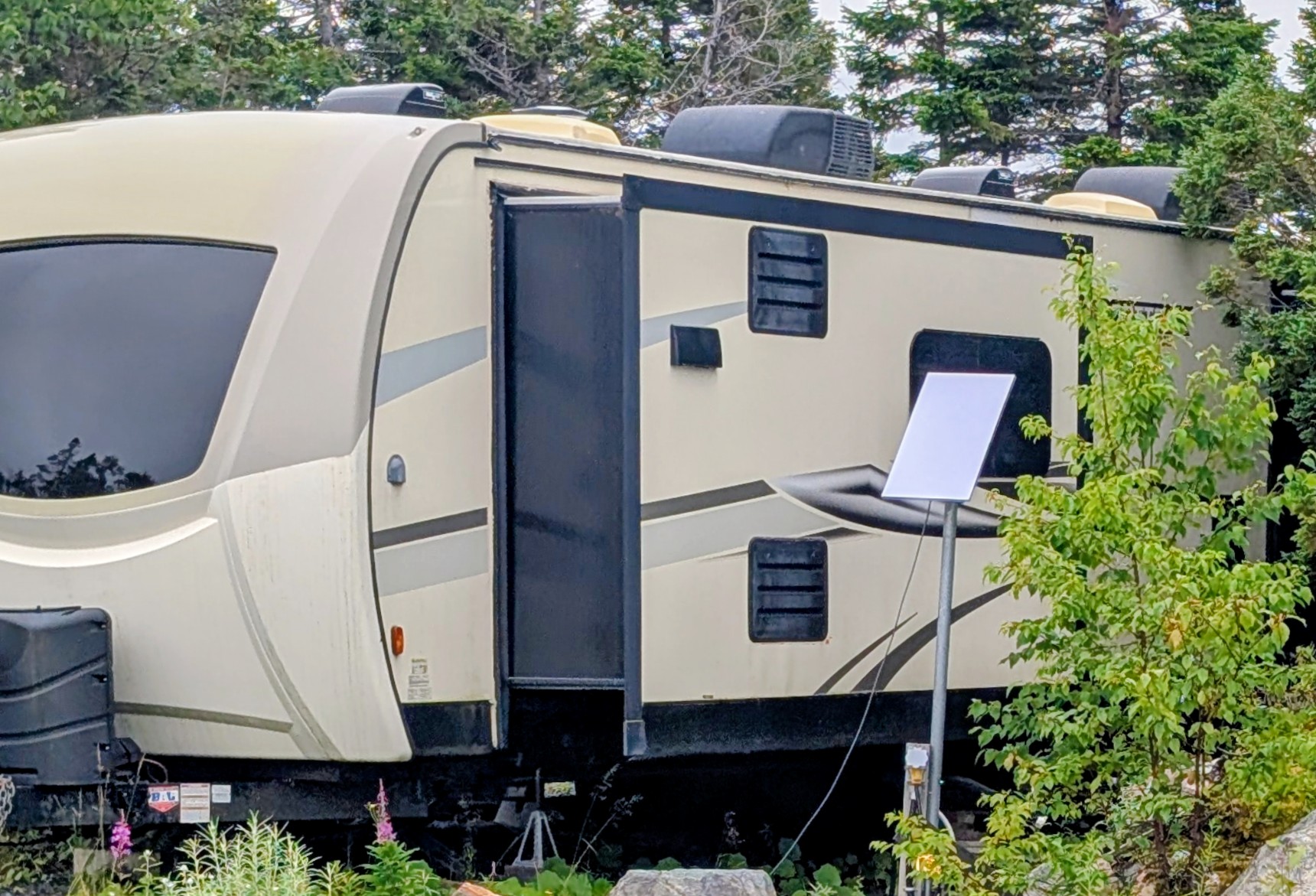 Starlink Mini on a pole mount beside a travel trailer at a Newfoundland campsite
