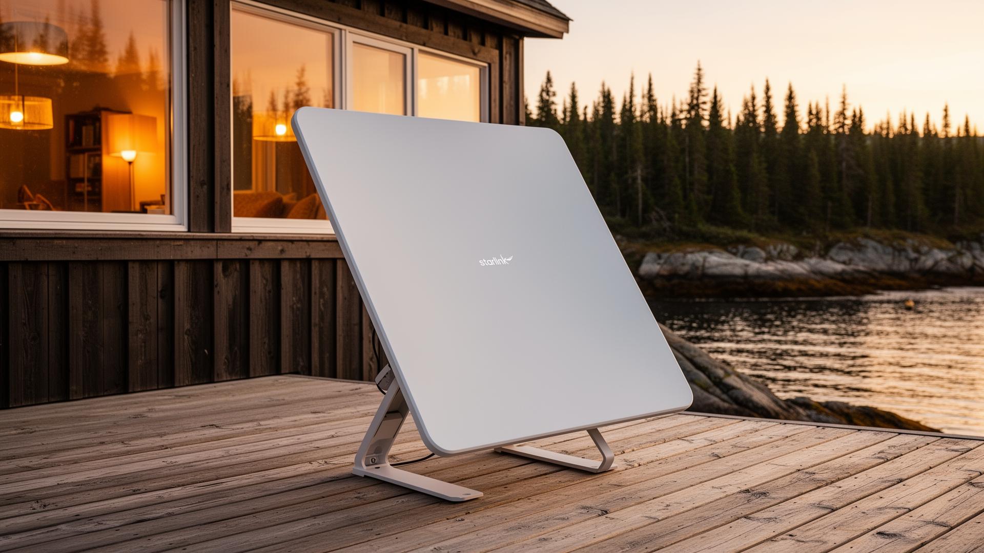 Starlink Mini kit deployed on a remote Newfoundland cabin deck under the northern lights
