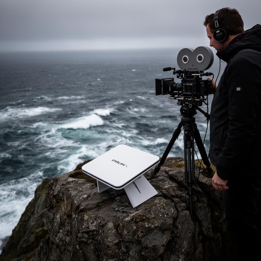 Film crew working on a coastal cliff