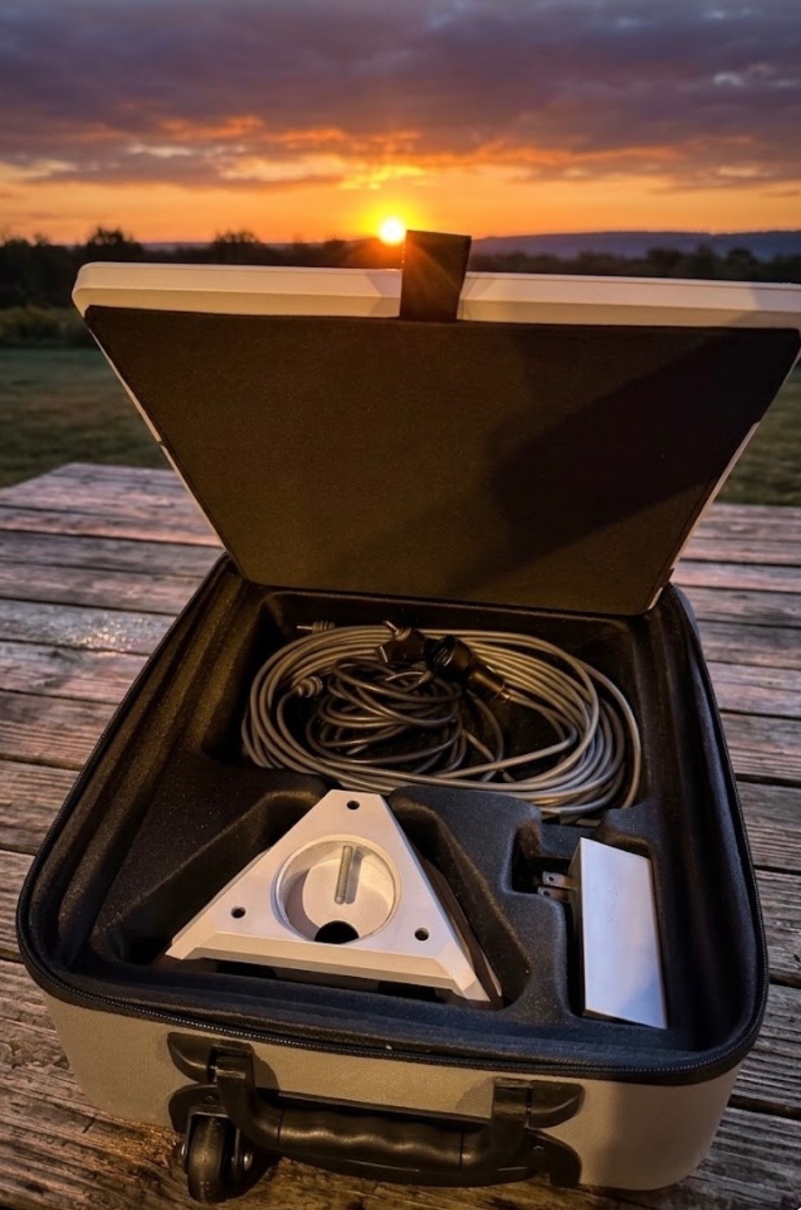 The rental kit packed in its hard case — dish, cable, mount, and power supply